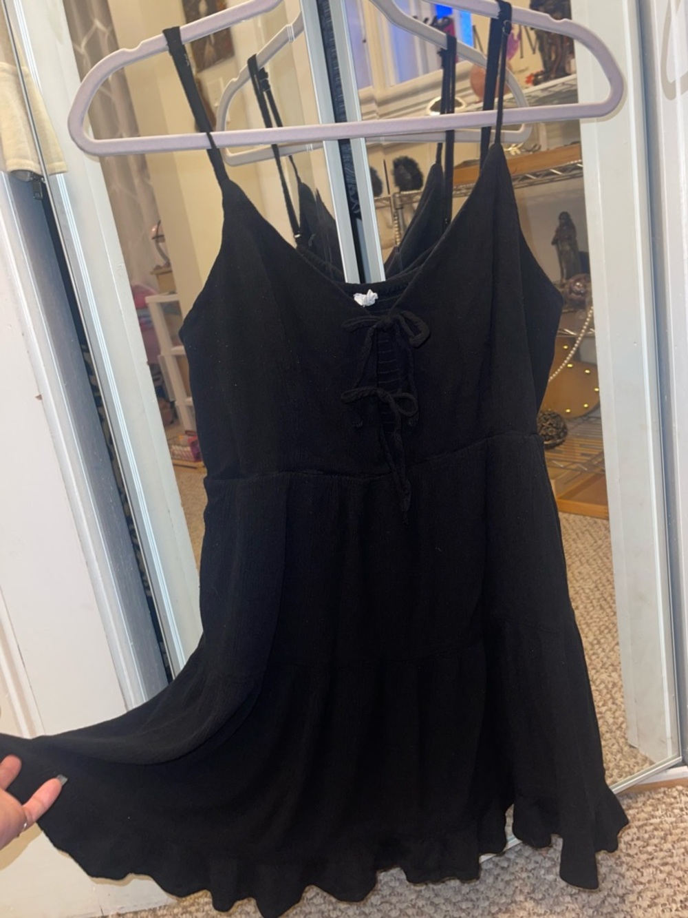 Black Adjustable Spaghetti Strap Skater Dress w/ Slip Tier Tie Front Smock Back